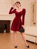 2024 Women's Burgundy Velvet Dress: French Style, High Waist, Mid-Length, Autumn/Winter Collection.