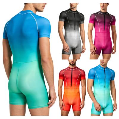 Men’s Gradient Color One Piece Swimsuit S-3XL Short Sleeve Front Zip Boyshorts Rash Guard Jumpsuit for Surfing Swimming Diving