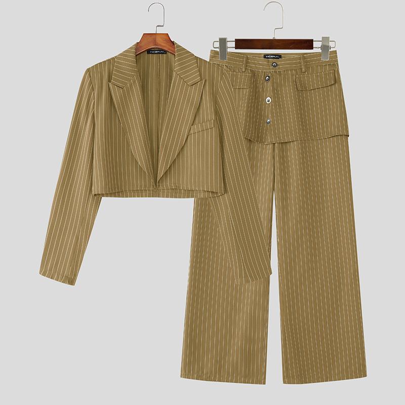 

INCERUN 2PCS Men Outfits Long Sleeve Striped Cropped Blazer and Long Pants Casual Loose Sets 3XL хаки