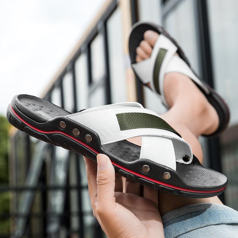 Men Sandals Black White Leather Slippers Outdoor Roman Gladiator Sandals Summer Open Toe Beach Shoes