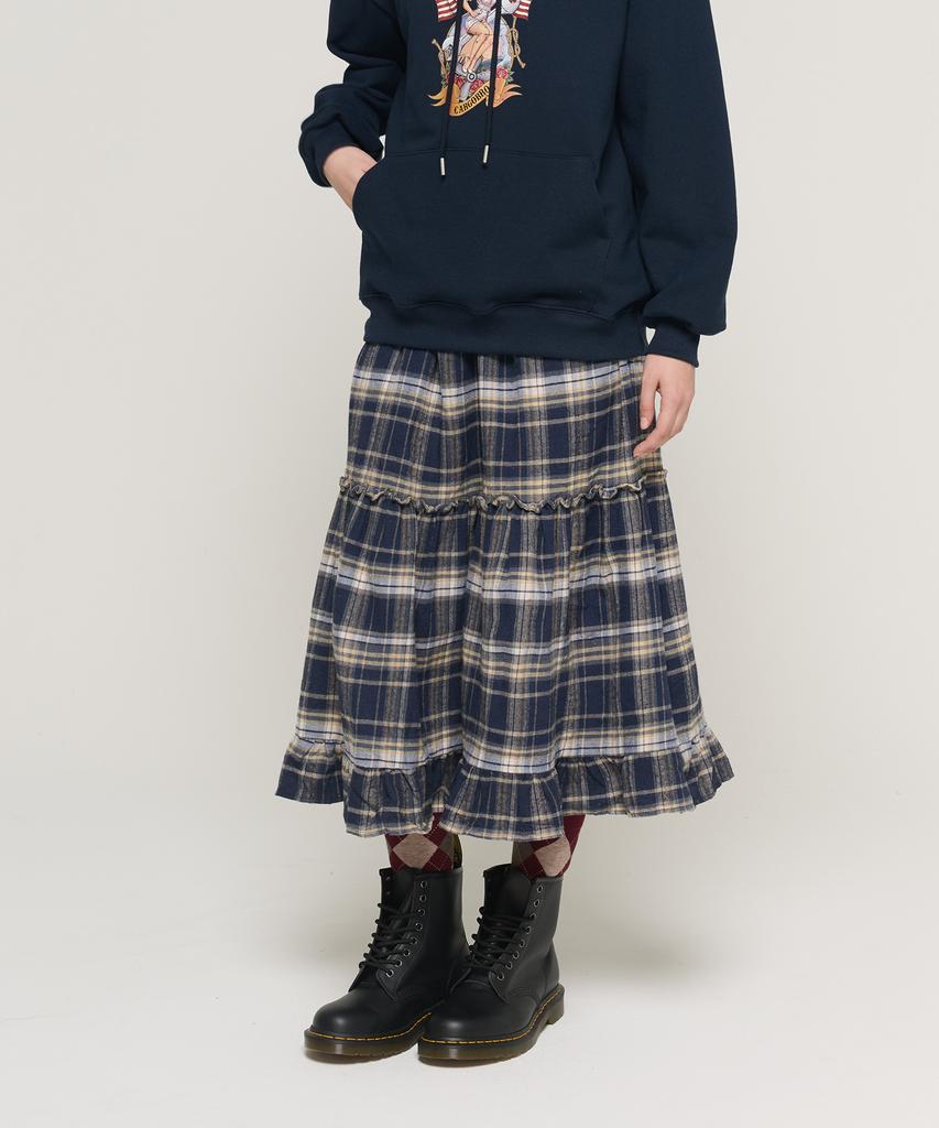 Cargo Bros For Woman Check Tiered Elastic Long Skirt (Navy)