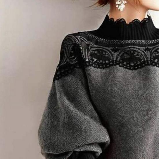 2026 Autumn/Winter Stand Collar Color Block Lace Knitwear