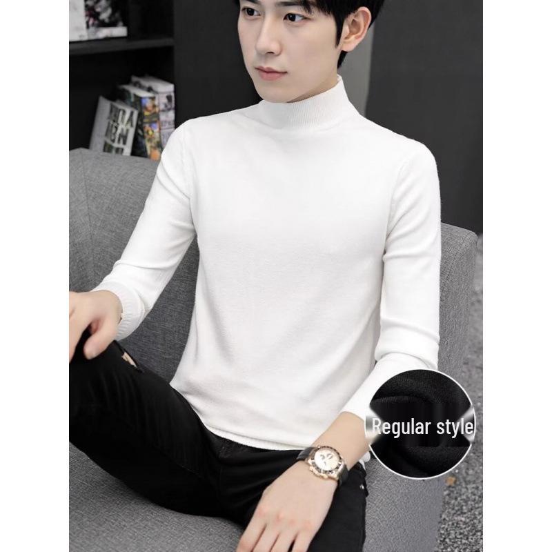 Men's Thick Knit Wool Sweater - Half-High Neck, Warm Base Layer for Autumn & Winter
