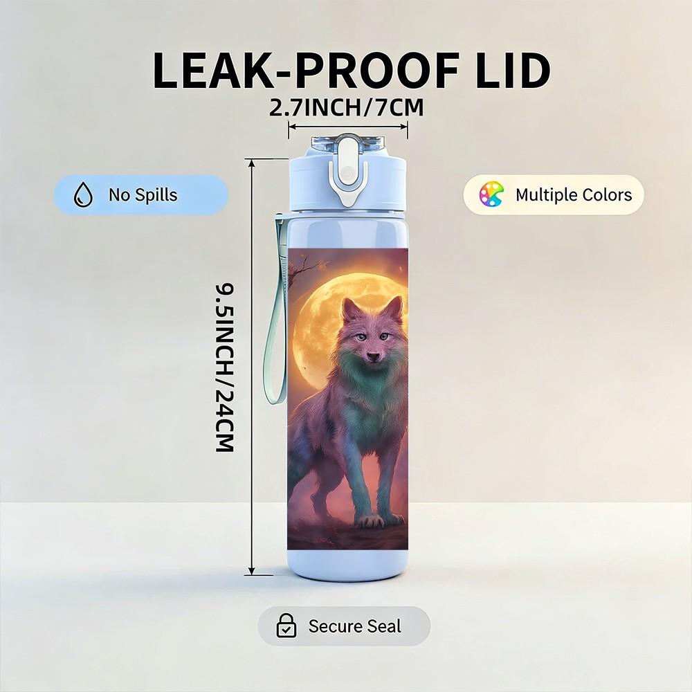 1PC Wolf Howling At Moon Night Print 750ml Color Plastic Sports Water Bottle Leakproof Flip Straw Lid Suitable for Sports Office Home Use