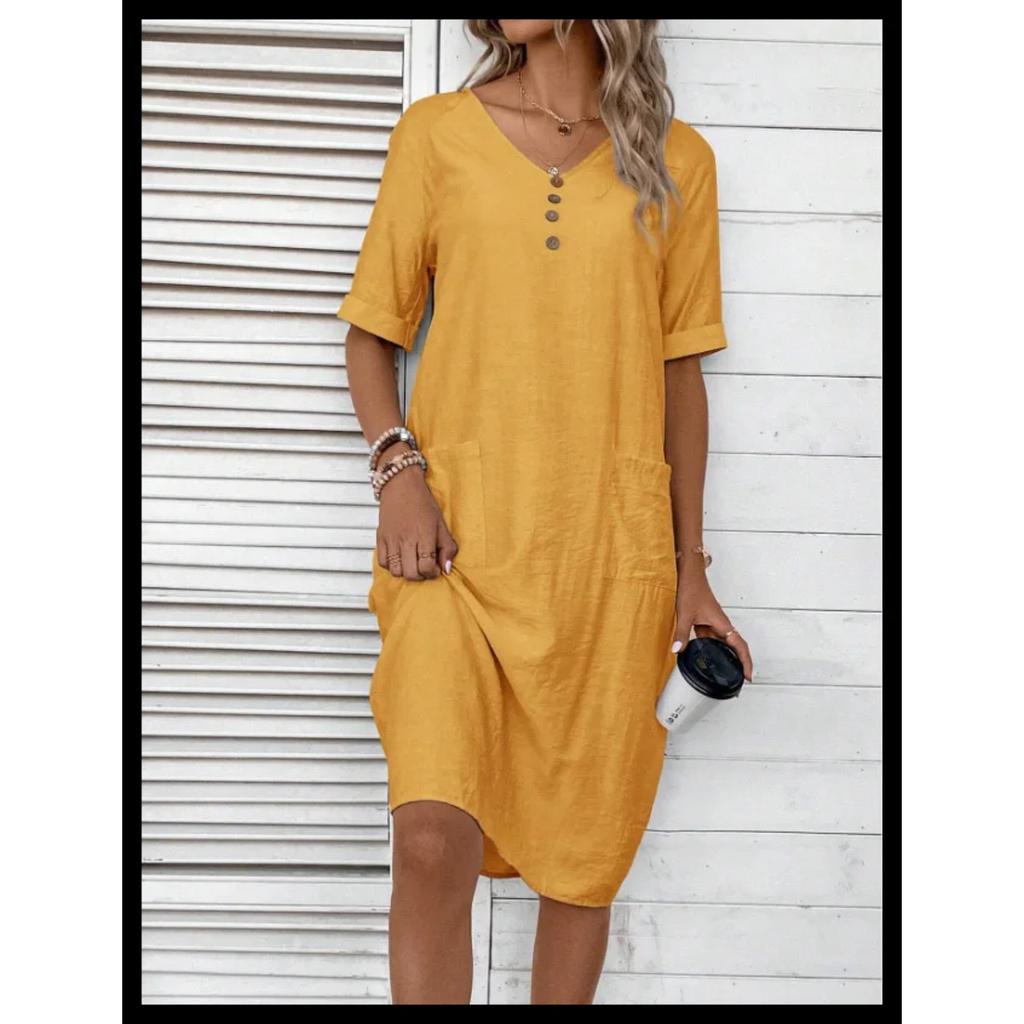 LYRIA Women's Cotton Linen Short Sleeved Dresses Loose And Comfortable Vacation Dress For Women