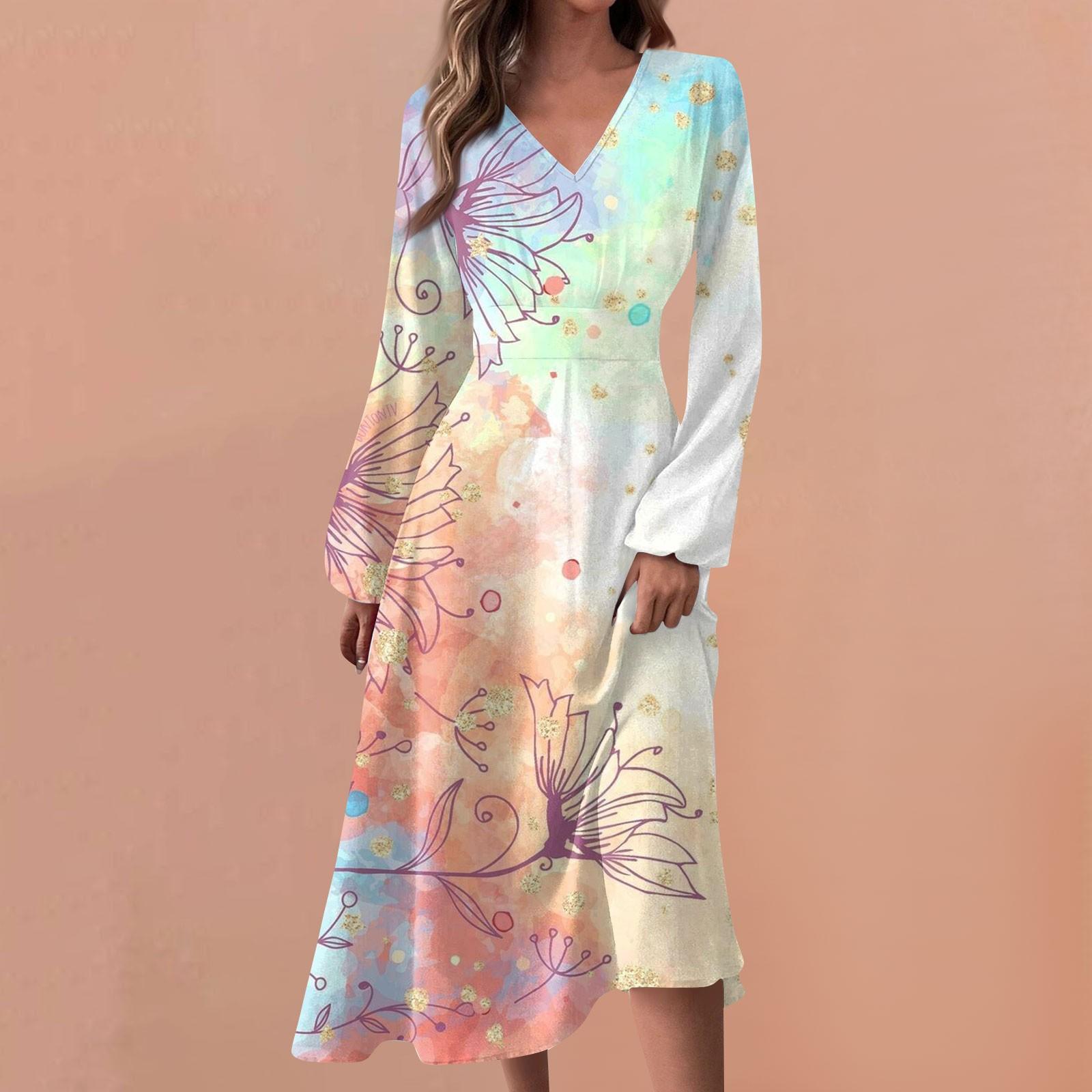 

Женские весенне-осенние повседневные модные длинные платья с v-образным вырезом и длинным рукавом с градиентным принтом XL