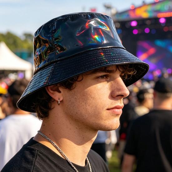 Eimerhut, Dreidimensionaler Breiter Rand Fischerhut, Wasserdichter Kunstleder Cooler Metallischer Glanz Sonnenhut, Bühnenperformance Hut für Hip-Hop