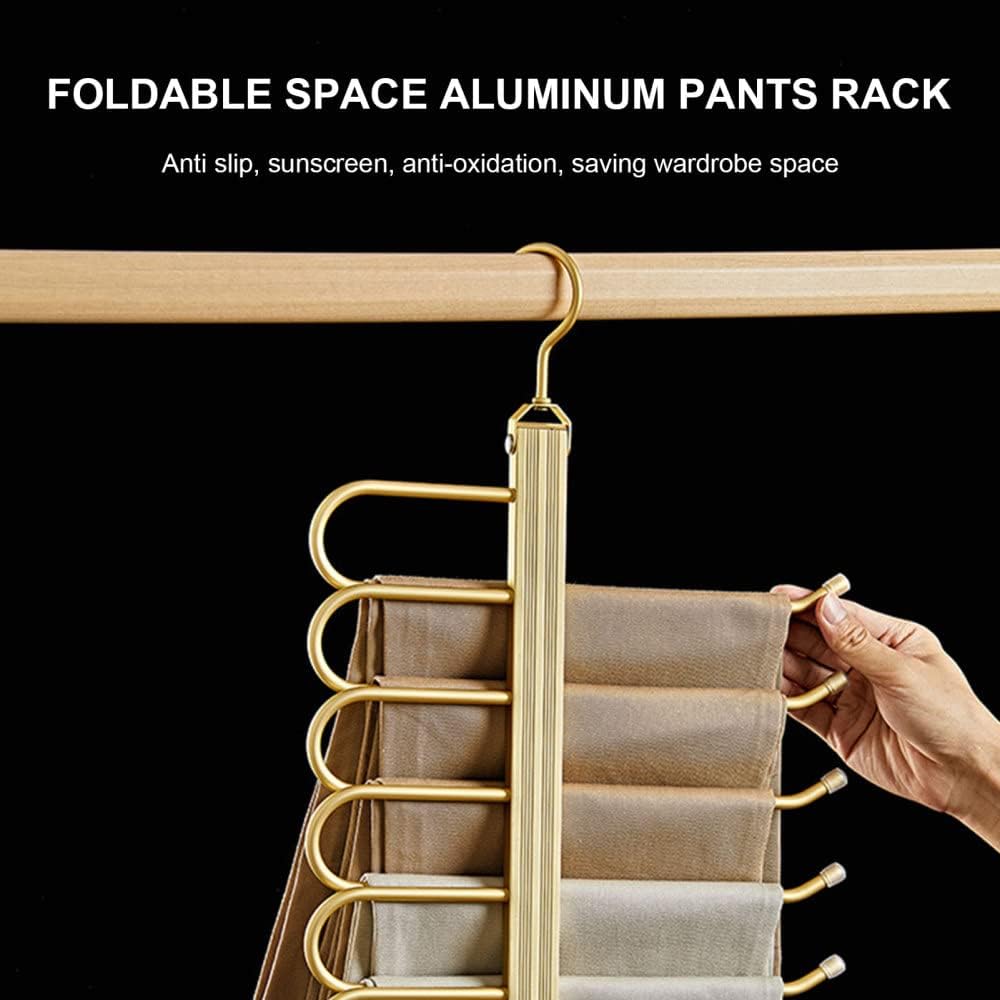 6 Tier Trouser Hangers Space Saving Foldable Holder Multi Organiser Rack Non-Slip Wardrobe Storage with Hooks for Pant Towels