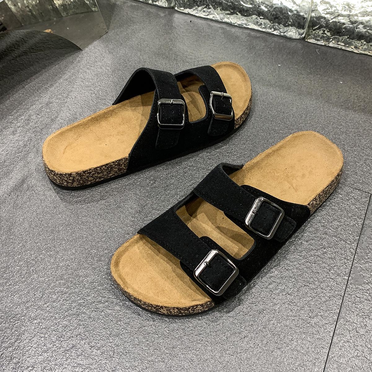 

Birkenstock large size men s and women s cool slippers summer outdoor wooden bottom slippers retro leather beach men s and women s slippers 36 чорний