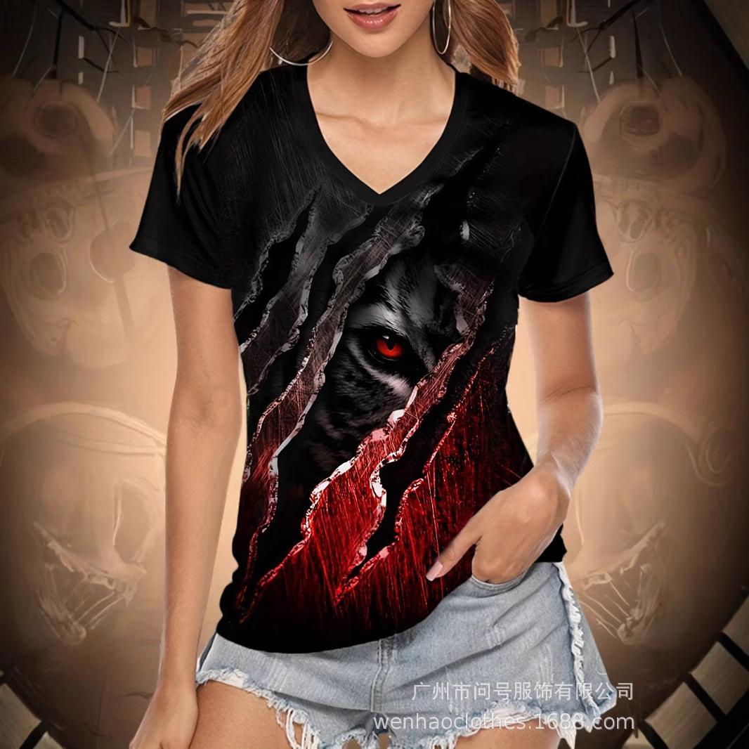 

Летний топ с V-образным вырезом и 3D принтом с животным узором, модная повседневная женская футболка с коротким рукавом 5XL