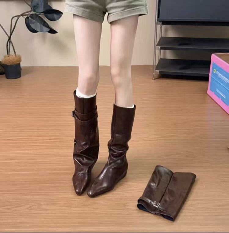 British Style, Cool And Fashionable, Two Wearing Removable Retro Belt Buckle Straight Boots For Women, Minimalist High-End Trouser Boots For Women