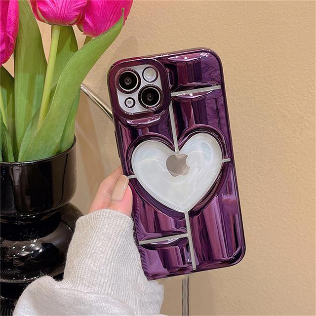 Luxury Love Heart Plating Phone Case For iPhone 14 Plus 15 12 11 13 Pro Max Clear Hollow Display Hole Shockproof Soft Back Cover