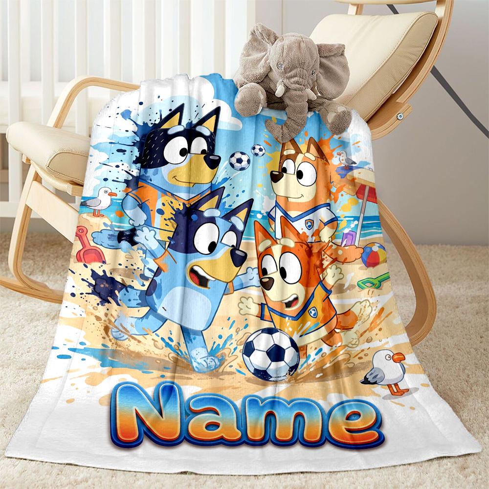 Soccer Fun Bluey Personalized Name Blanket Throw Customizable Blanket Comfortable Versatile for Living Room Seaside Sofa Picnics Ideal for All Seasons
