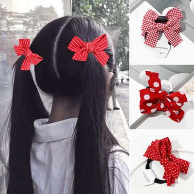 2pcs/set Fashion Wave Point Red Bowknot Double Horsetail Head Rope Headwear Hair Rope