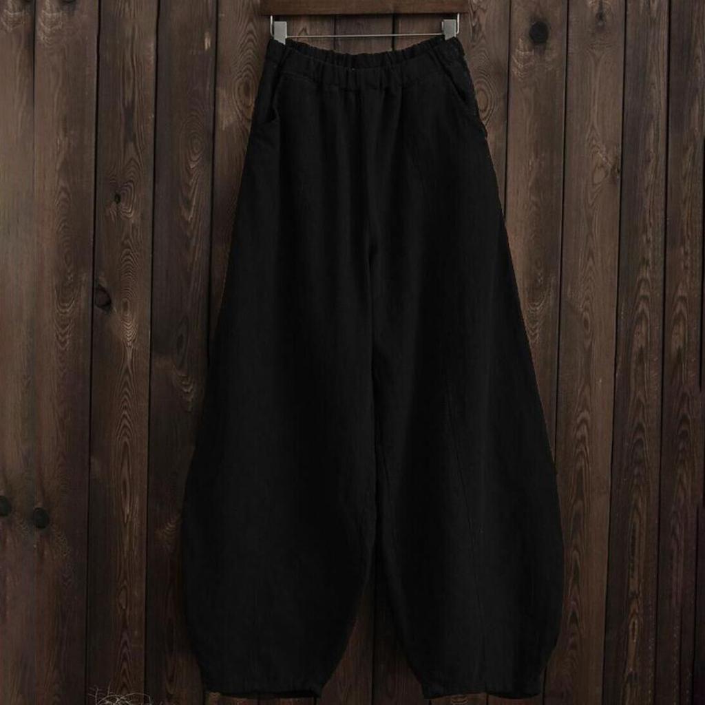 Spring Summer Cotton Linen Style Bloomers Wide Leg Pants Women Vintage Full Length Elegent Pants Solid Elasitic Waist