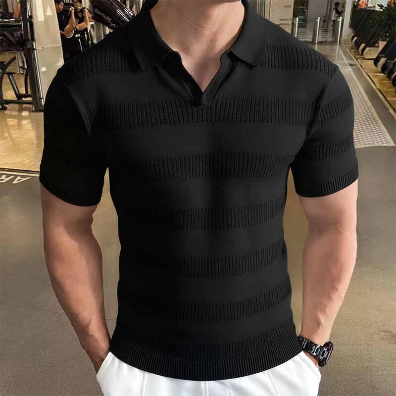 

Mens Casual Hollow Stripe Knit Short Sleeve Lapel Polo Shirt S чёрный