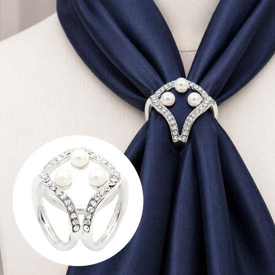 Scarf Button for Women, Double-Ring Faux Pearl Rhinestone Scarf Fastener for Silk Scarves Shawls Belt, Scarf Buckle Multi-Use Accessory