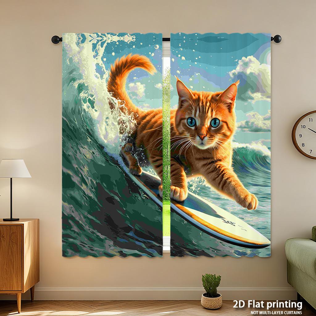 Piece Set High Definition Digital Printed Curtainsorange Tabby Cat Surfing Wave Colorful Vibrant Dynamichome Decoration Curtain Polyester