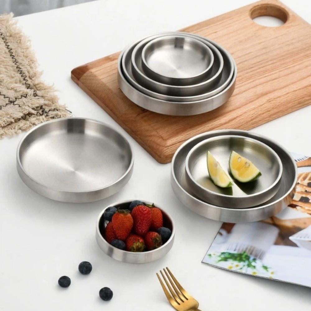 New 304 Stainless Steel Dish Plate Kitchen Flat Bottom Seasoning Bowl Thickened Dinner Plate Restaurant Tableware
