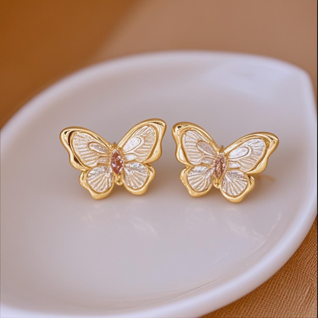 New French retro Mori butterfly stud earrings Monet Garden white dripping oil temperament super fairy earrings