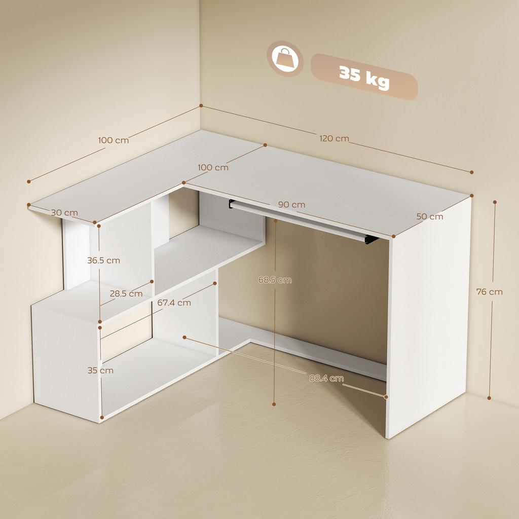 L Shaped Corner Desk Computer Desk With Keyboard Tray And Open Shelves White Wood Effect