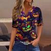 Women's T Shirt Tee Halloween Printed Button Short Sleeve Tunic Daily Weekend Fashion Basic V- Neck Regular Top