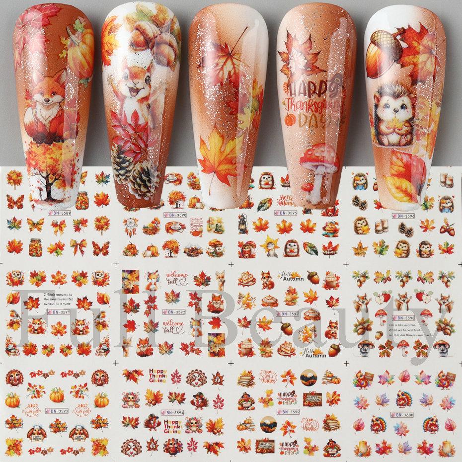 Nail Art Stickers Ins Autumn Gold Falling Maple Leaf Fox Owl Nail Water Transfer Sticker