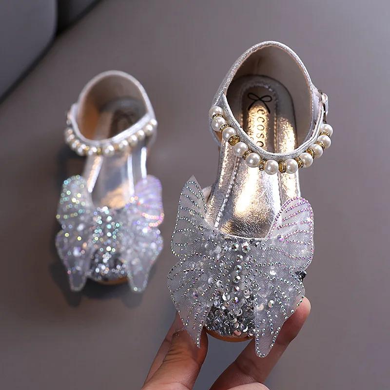Girls Leather Shoes Children's Lace Butterfly Rhinestone Pearls Beading Performance Single Shoes Fashion Weeding Kids Shoes