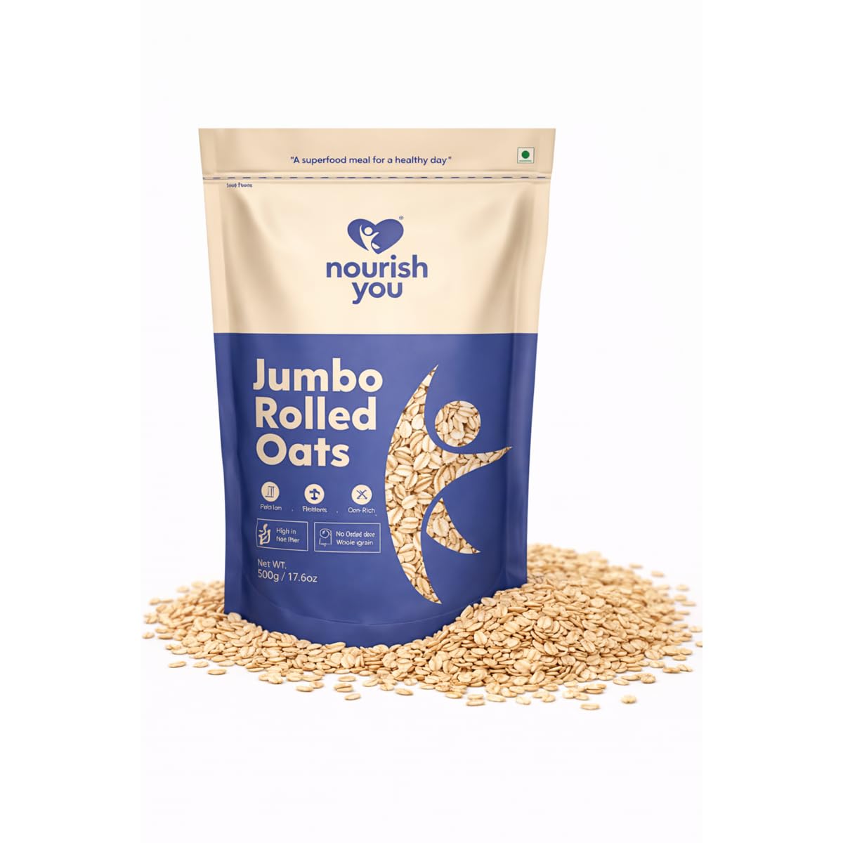 Nourish You Jumbo Rolled Oats 500g - 100% Wholegrain Oatmeal | 14.2g Protein & 10.2g Dietary Fibre per 100g | Calcium Rich Breakfast Cereal | Diet