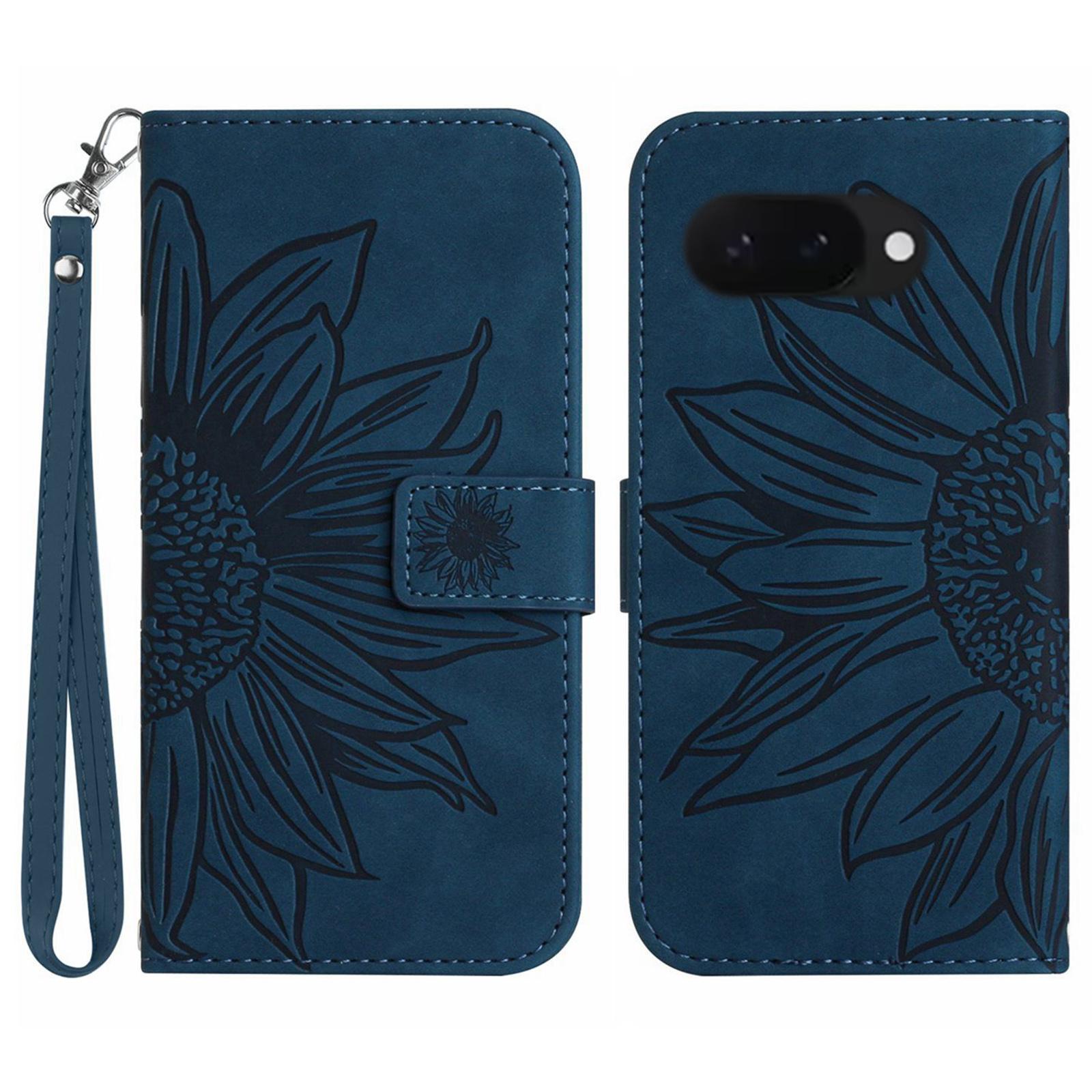 

HT04 For Google Pixel 9a Case Sunflower Imprint Leather Wallet Phone Cover with Wrist Strap I
