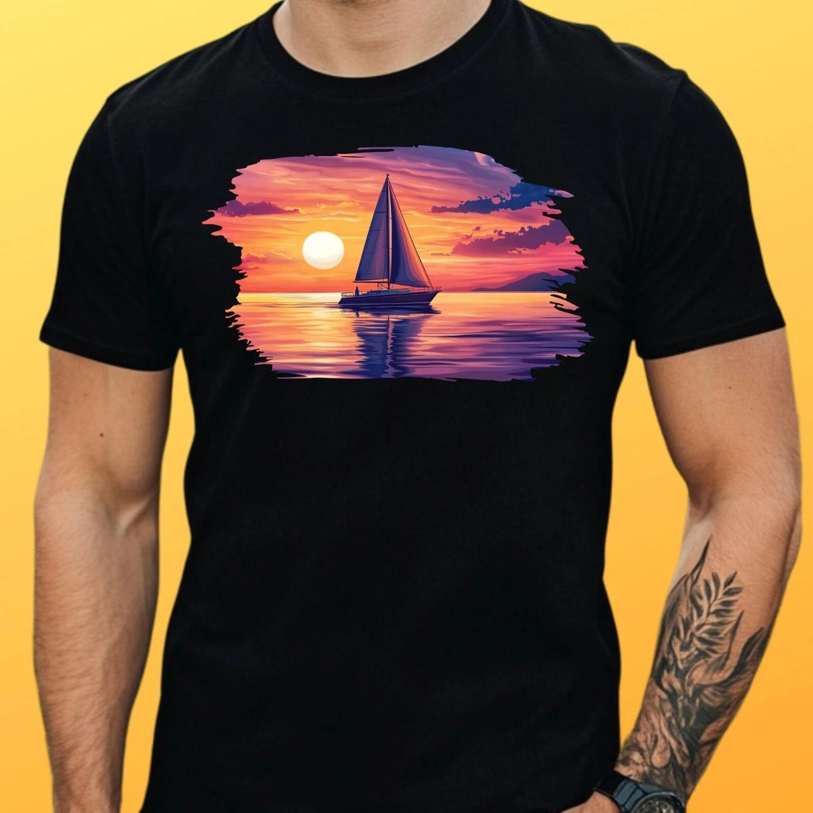 T-Shirt Herren Segelboot Sonnenuntergang Motiv Baumwolle Größe S bis 5XL M