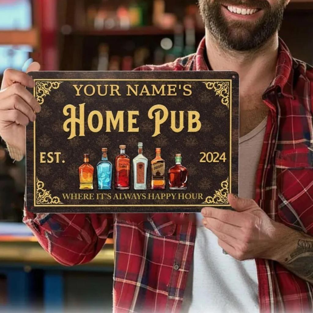 1pc Personalized Pub Sign Custom Name Bar Whiskey Bourbon Metal Decor Retro Wall Art Heavy Duty