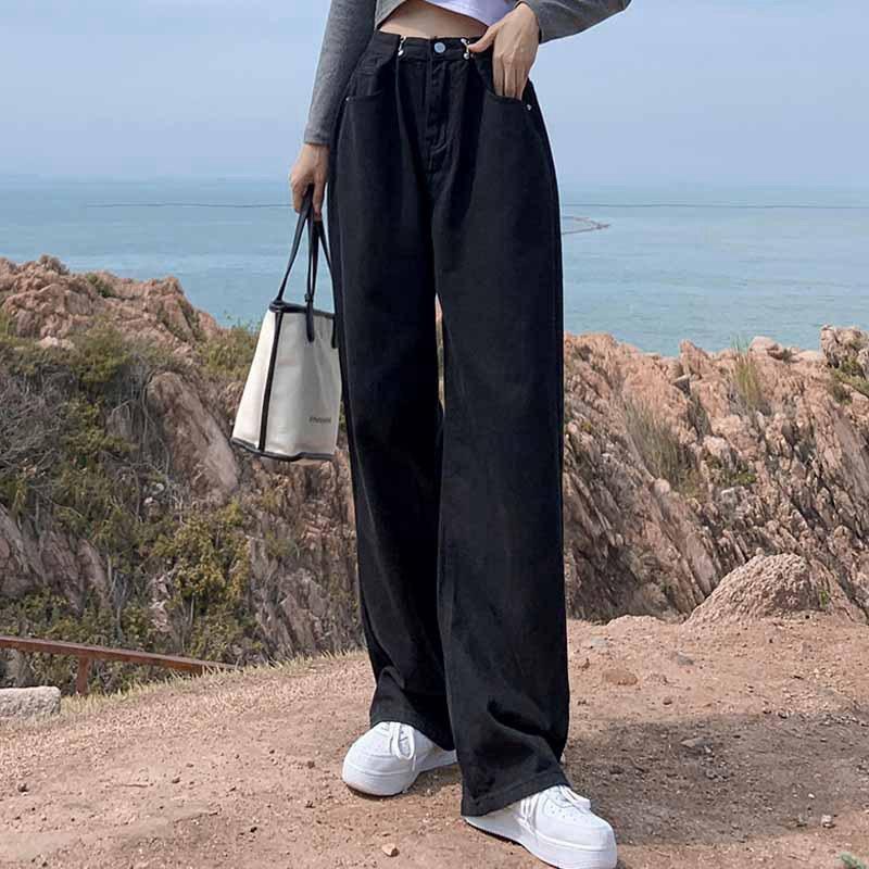 

Модные универсальные синие женские широкие прямые джинсы с высокой талией, джинсовые брюки с регулируемой талией, свободные брюки 2XL чёрный