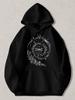 Black Pullover Hoodie with White Dragonfly And Floral Wreath Graphic, Celestial Moon Design, Casual Streetwear Sweatshirt for Dail