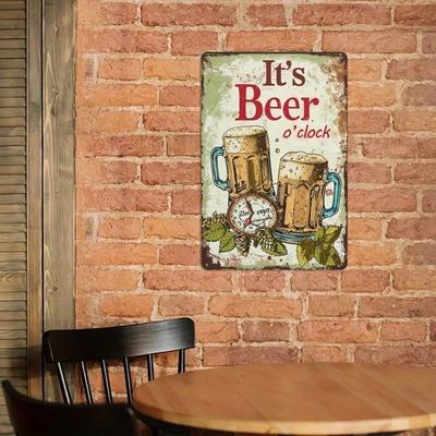 Vintage Metal Bar Sign 8x12 Inch, Retro Beer Wall Art - Aluminum Vintage Beer O'Clock Sign for Home Bar Decor, Man Cave, Kitchen
