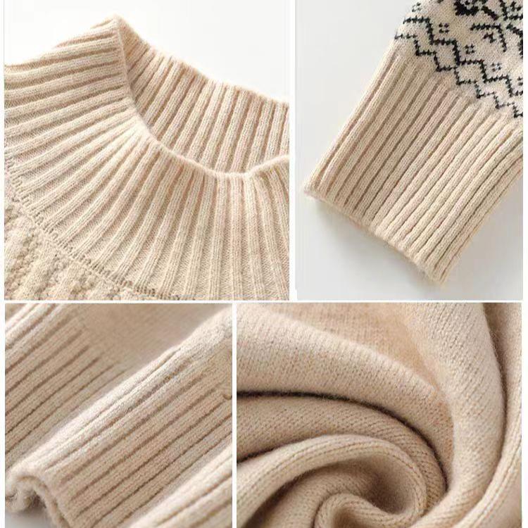 Half Turtleneck Cashmere Sweater Solid-color Long-sleeved Knitted Sweater for Women Casual Thickened Knitwear and Loose Solid-color Pullover