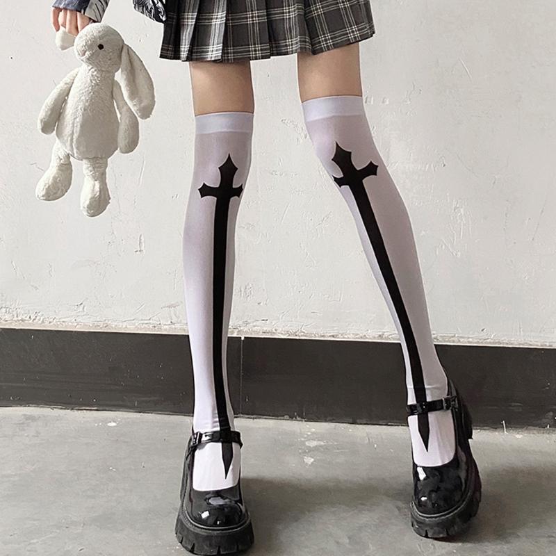 Damen Oberschenkelhohe Socken Halloween für Cross Sword Strümpfe Kniehohe Socken Atmungsaktive Baumwollsocken Gothic Kostüm Requisite