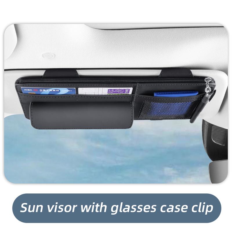 Car Sun Visor Organizer with Glasses Holder, Card & Pen Pockets – PU Leather Auto Interior Storage for Cars, SUVs & Trucks