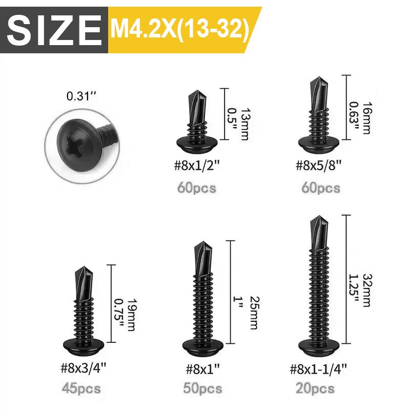 235Pcs carbon steel black round head with buffer drill screw