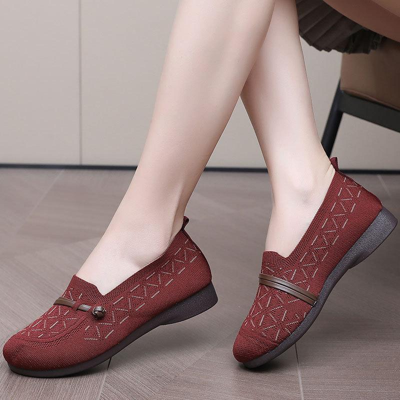 Spring and Summer New One-pedal Flat Shoes Women's Flying Weaving Breathable Middle-aged and Elderly Soft Sole PU Sole