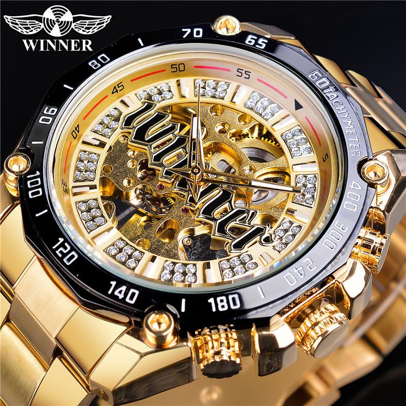 Moda Vincitore Top Brand Uomo Casual Scheletrato Automatico Meccanico Cinturino Completamente in Acciaio Inossidabile Lusso Dorato Orologi da Business