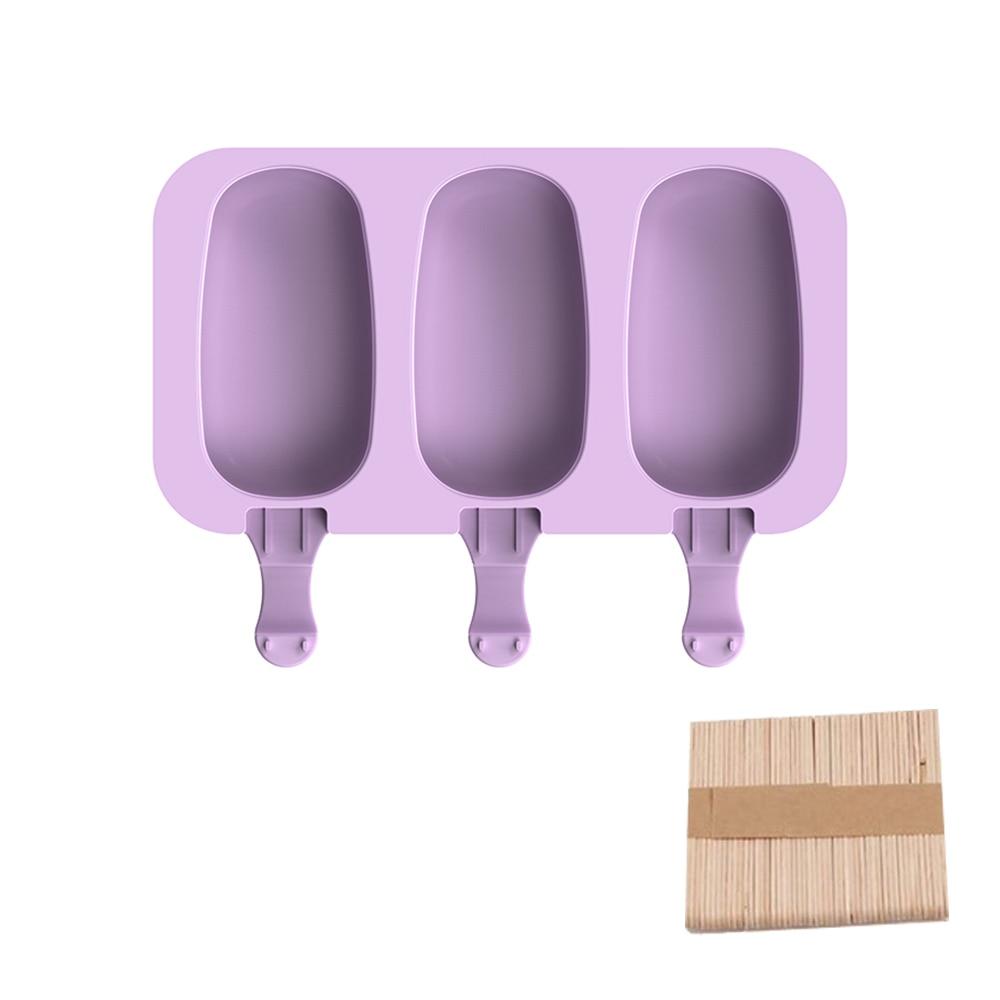 Silicone Popsicle Mold Set with 50 Wooden Sticks, 3 Compartments, Oval Shape, Purple, Ice Cream Molds for Homemade DIY Treats