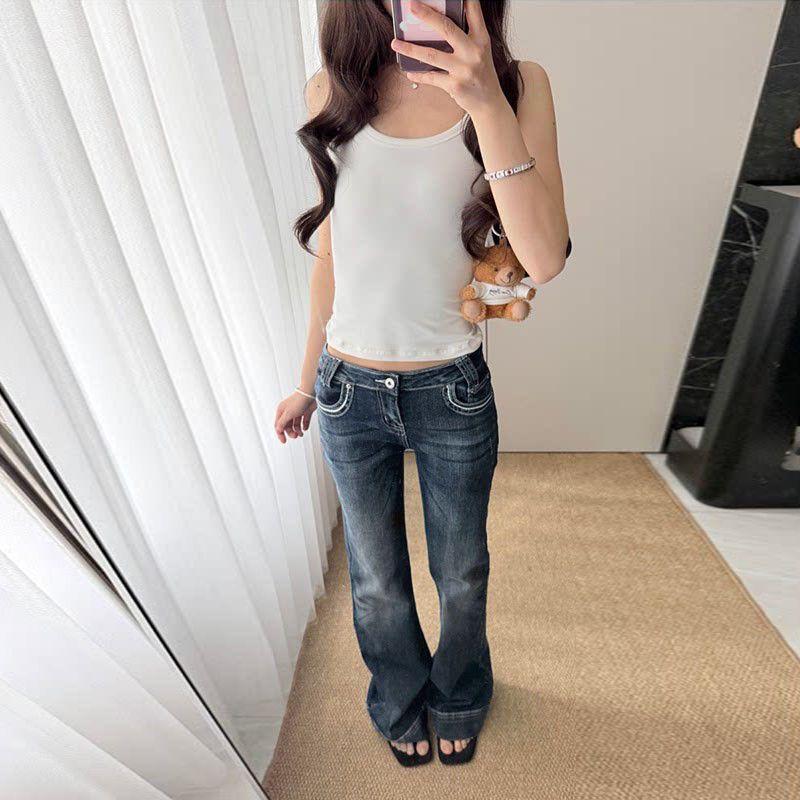 Fashion new design straight jeans women's autumn American low-rise versatile slim-fitting and thin floor-mopping bell pants