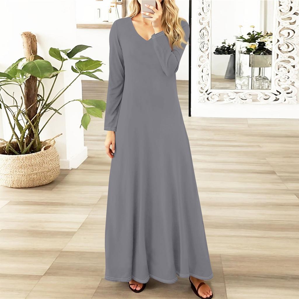 Dámská ležérní móda s dlouhým rukávem jednobarevné vintage dlouhé šaty podzim