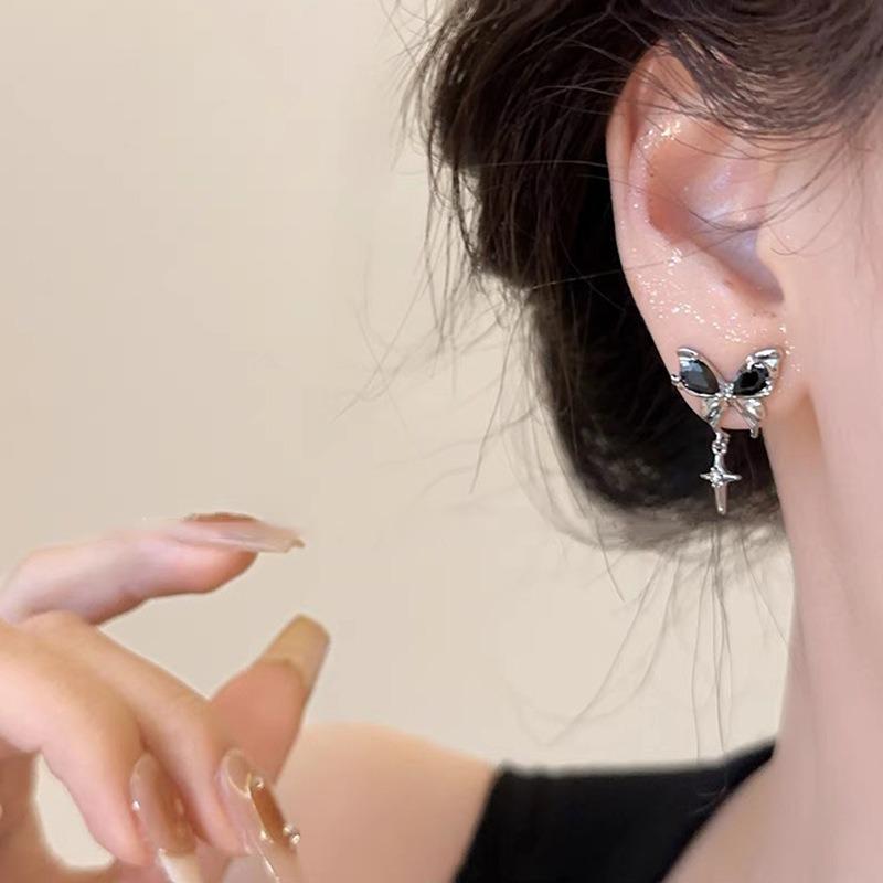 Korean Minimalist Black Bow Starburst Stud Earrings - 925 Silver Needle Trend