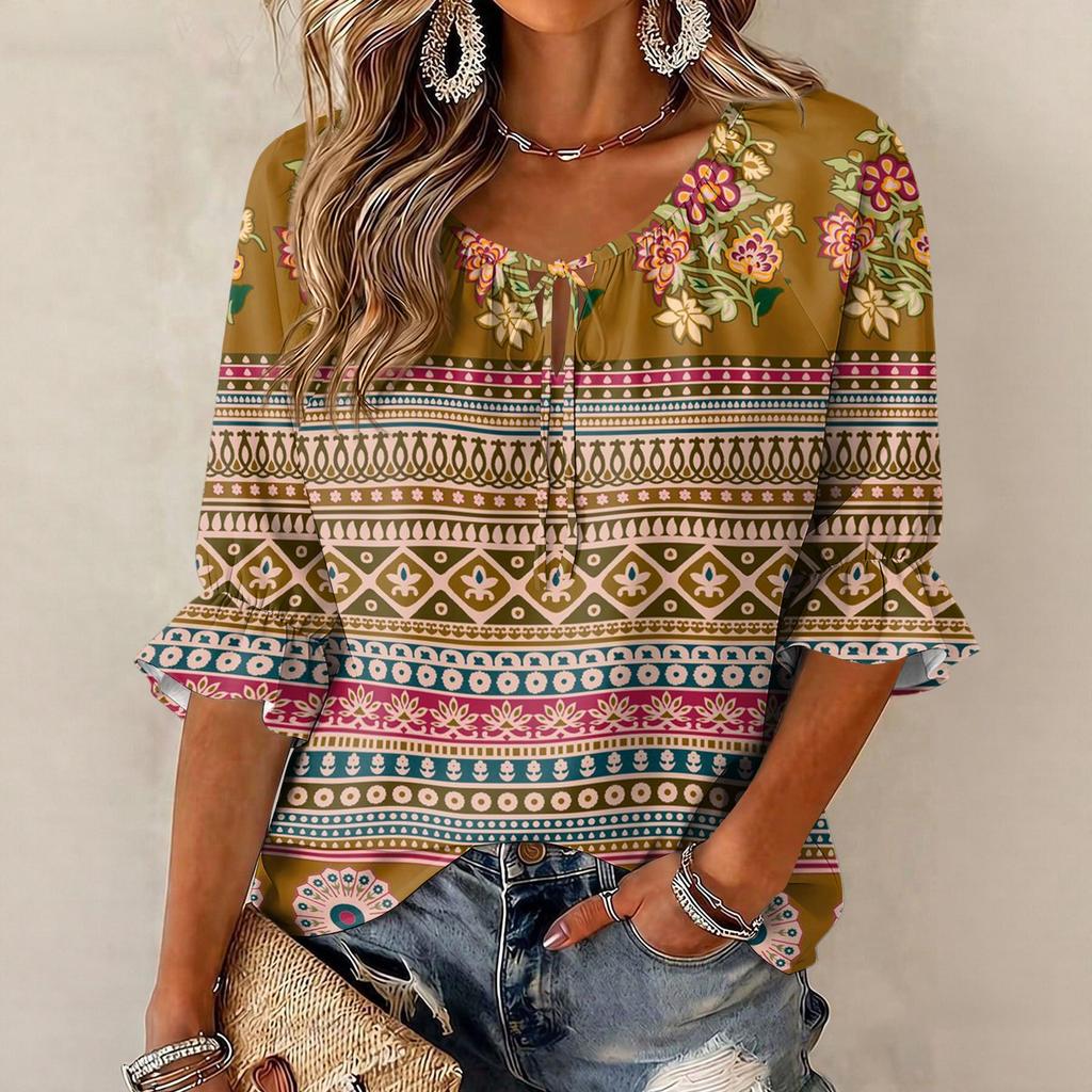 Women's Retro Floral Print Blouse with Ruffle Three-Quarter Sleeves and Tie Front