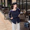 Plus Size Striped Off-Shoulder Long-Sleeve Women's Slimming French Top