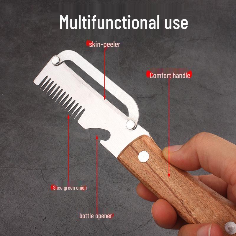 3-in-1 Stainless Steel Onion Slicer & Peeler with Wooden Handle