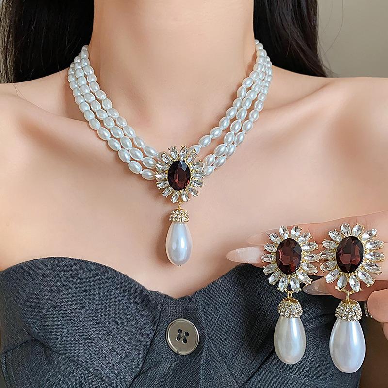 Flower Rhinestone Drop Simulation Pearl Necklace Earring Set French Style Chain Jewelry Sets for Women