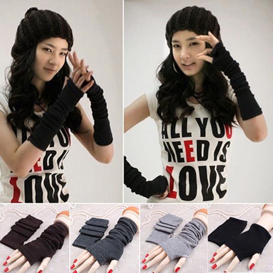 Women's Knitted Solid Fingerless Gloves Soft Warm Autumn Wrist Arm Long Mittens